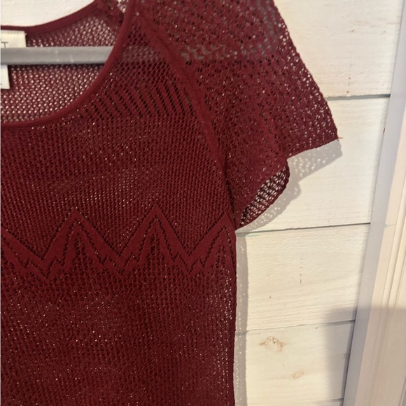 LOFT Burgundy Crochet Knit Short Sleeve Top - Picture 12 of 13